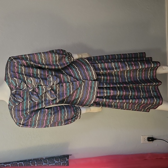 Vtg COLOURS 1980s Power Pastel Striped Drop Waist Skirt Bow Top Set - Picture 6 of 16